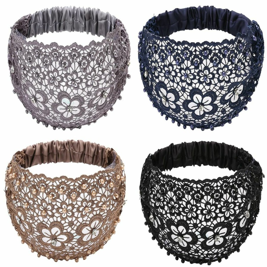 FZBNSRKO Fashion Headbands | Fzbnsrko 4 Pcs Lace Headbands For Women,Wide Floral Pearl Lace Elastic Headbands Hair Accessories For Women Fashion,Random Color