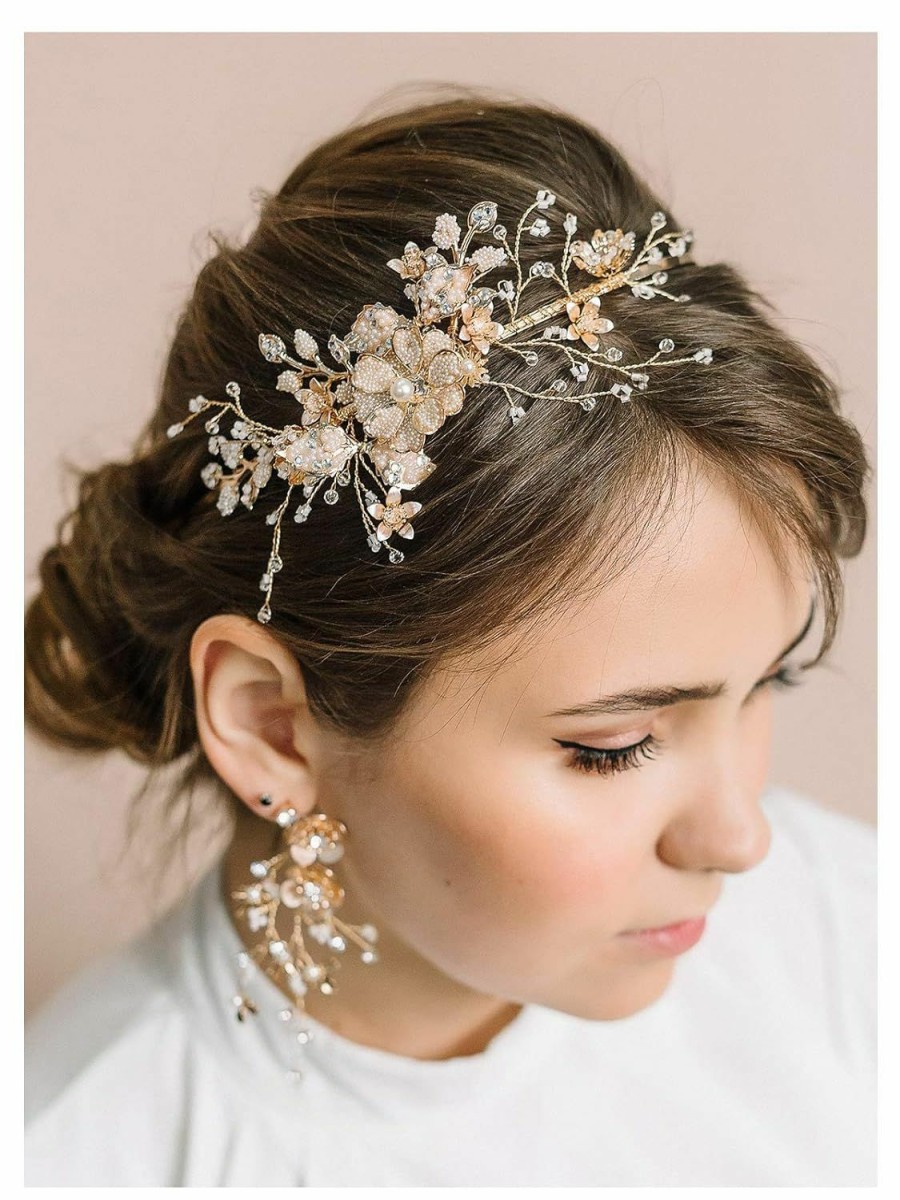 SWEETV Fashion Headbands | Sweetv Flower-Leaf Bridal Headband Gold Crystal Tiara For Women Pearl Wedding Headpieces For Bride Hair Accessories For Prom Birthday Party