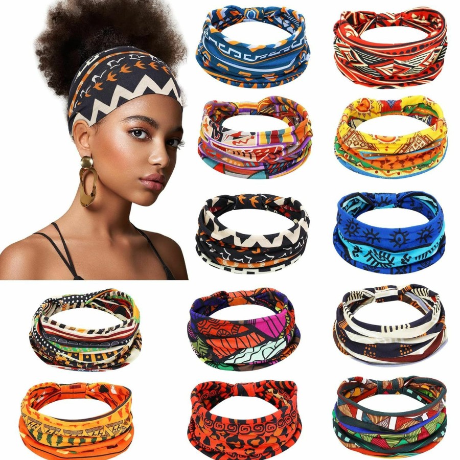 Censen Fashion Headbands | 12 Pcs African Headbands For Women Head Wraps Hair Wrap Yoga Boho Chiffon Knotted Assorted Bandeau Headbands Wide Yoga Elastic African Gifts Hair Accessories For Girls Lady Running Sports (Vivid)