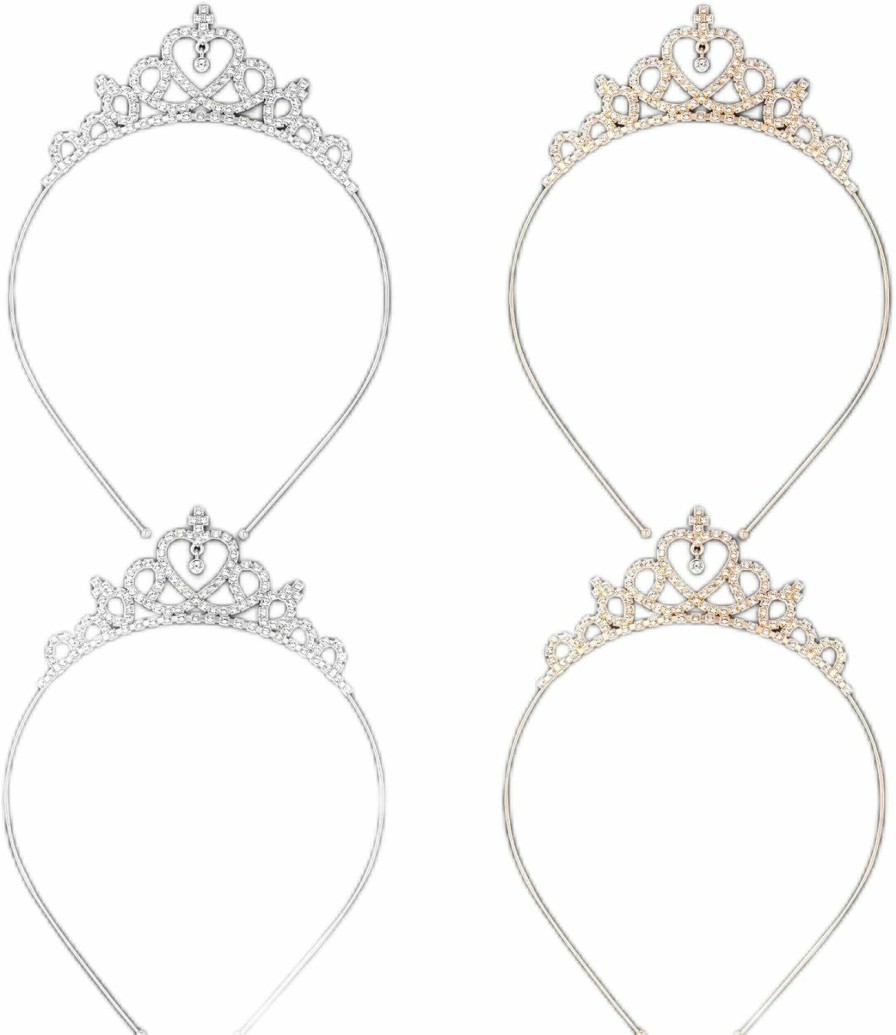 HINZIC Fashion Headbands | Hinzic 4 Pack Glittering Rhinestone Non-Slip Crown Headbands For Women, Sparkling Crystal Heart Adjustable Wedding Bridal Tiara Headpiece Hair Band For Brides Bridemaids Girls- 2 Gold & 2 Silver