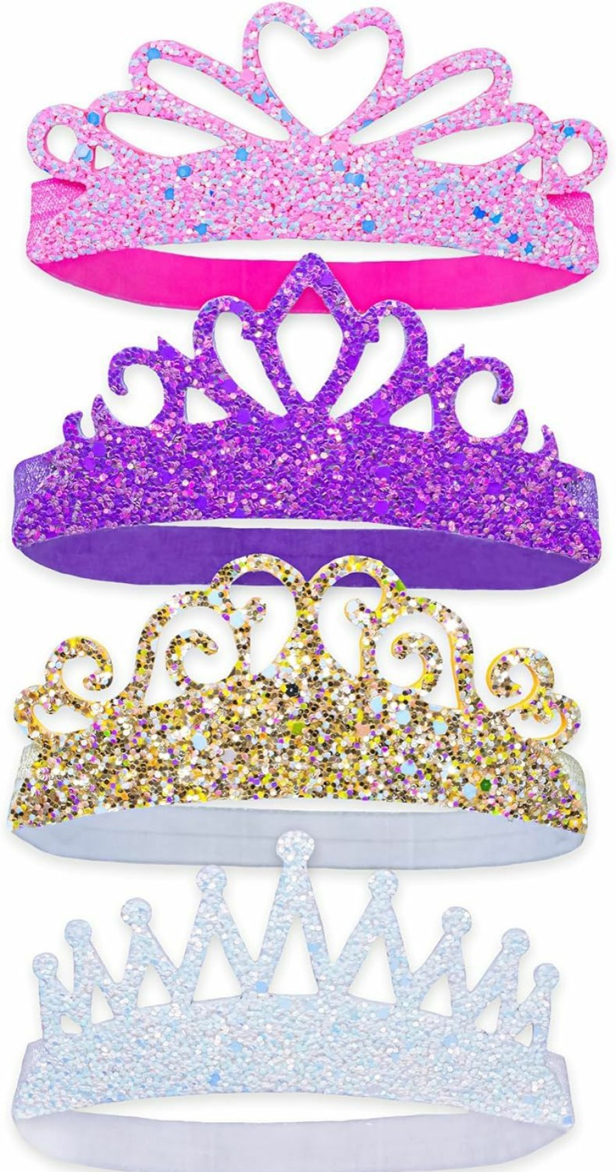 FROG SAC Fashion Headbands | Frog Sac 4 Glitter Tiara Headbands For Girls, Elastic Princess Crown Hair Bands For Toddlers, Stretch Sparkly Hair Accessories For Toddler Girl Children