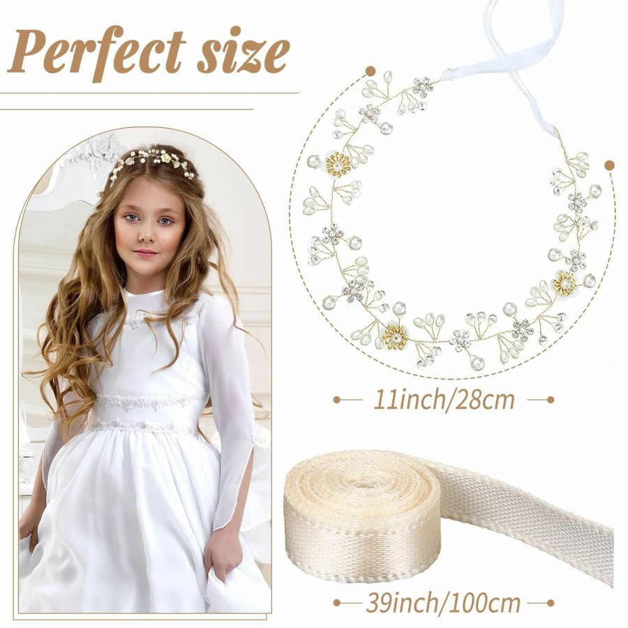 Yinder Fashion Headbands | 3 Pieces Headpiece Pearl Bridal Headband For Flower Girl Hair Accessory Rhinestone Princess Crown Cute Wedding Hair Accessories For Kids Girls Vine Hair Band, Gold