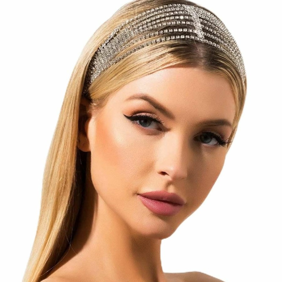 JEAIRTS Fashion Headbands | Jeairts Rhinestone Head Chain Forehead Bridal Headband Elastic Crystal Hair Band Halloween Prom Hair Jewelry For Women And Girls (1-Silver)