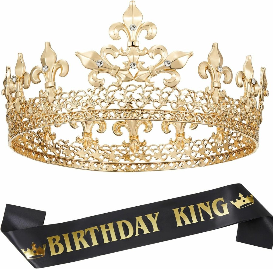 SWEETV Fashion Headbands | Sweetv Birthday King Crown And King Sash, Birthday Gifts For Men King Pageant Gold Crown, Prince Crown For Men Party Decoration Prom, Gold