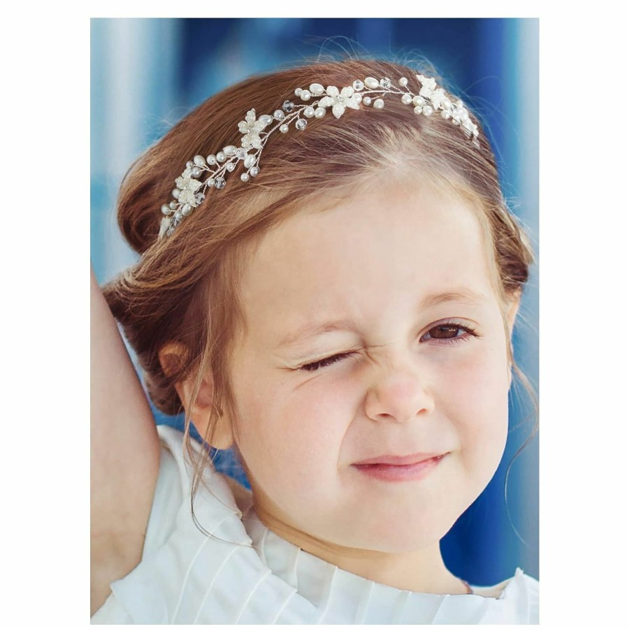 SWEETV Fashion Headbands | Sweetv Flower Girl Headpiece Flowers Wedding Headband For Girls, First Communion Headpiece For Girls Princess Pearl Hair Accessories For Birthday Party