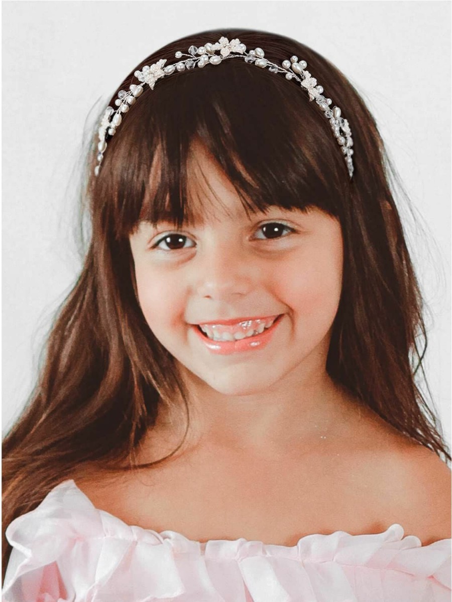 SWEETV Fashion Headbands | Sweetv Flower Girl Headpiece Flowers Wedding Headband For Girls, First Communion Headpiece For Girls Princess Pearl Hair Accessories For Birthday Party