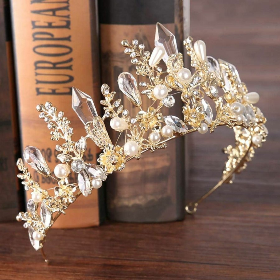 Bmirth Fashion Headbands | Bmirth Baroque Crown And Tiara Gold Crystal Pearl Bride Wedding Queen Crowns Decorative Princess Tiaras Rhinestone Hair Accessories For Women And Girls (A)