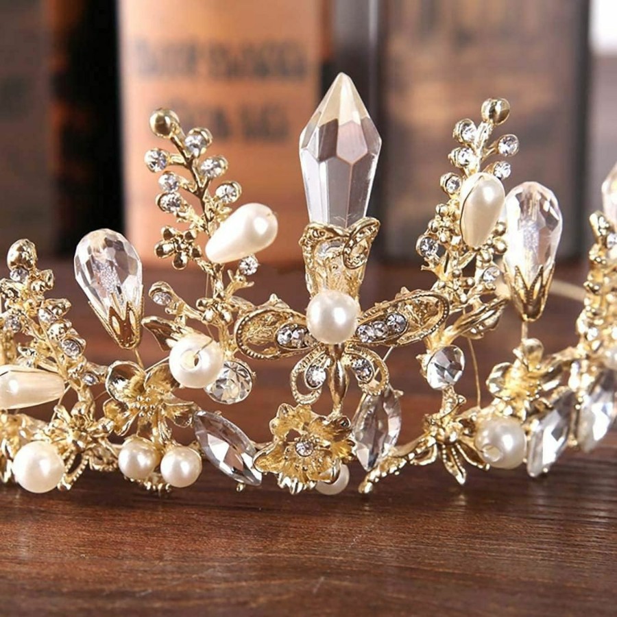 Bmirth Fashion Headbands | Bmirth Baroque Crown And Tiara Gold Crystal Pearl Bride Wedding Queen Crowns Decorative Princess Tiaras Rhinestone Hair Accessories For Women And Girls (A)