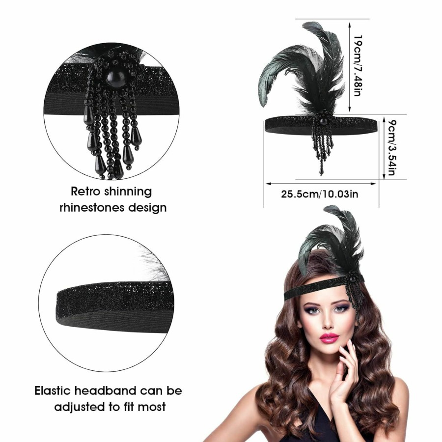 WLLHYF Fashion Headbands | Wllhyf Feather Headwear Headband Flapper Headpiece Black Head Wear 1920S Fashion Bling Rhinestone Hair Accessories For Women Girls Gatsby Themes Party Decoration