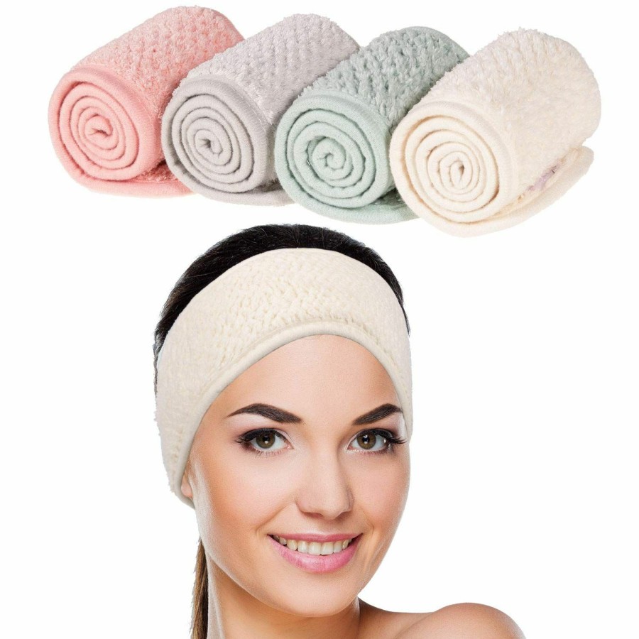 Whaline Fashion Headbands | Whaline 4 Pack Spa Facial Headband Makeup Hair Wrap Adjustable Hair Band Soft Towel Head Band For Face Washing, Shower Sports Yoga (Pea Green, Pink, Beige, Light Gray)