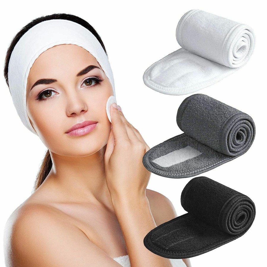 Denfany Fashion Headbands | Denfany Spa Headband 3 Pack Ultra Soft Adjustable Face Wash Headband Terry Cloth Stretch Make Up Wrap For Face Washing, Shower, Facial Mask, Yoga (Black + White + Grey)