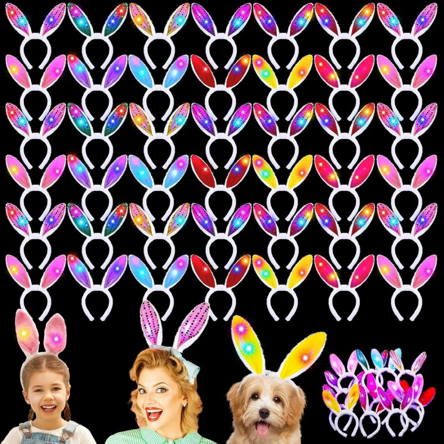 Zeyune Fashion Headbands | Zeyune 100 Pcs Easter Light Up Bunny Ears Headband, Led Ear Rabbit Hairband, Plush Luminous Headdress Party Hair Accessories For Women And Girls