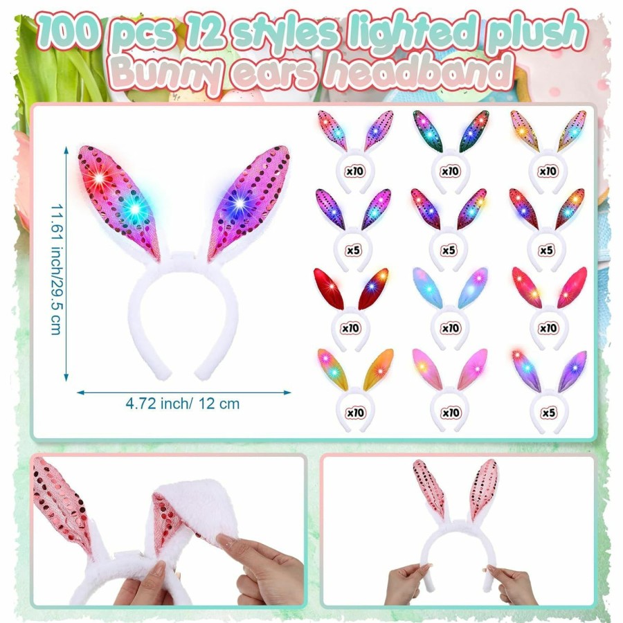 Zeyune Fashion Headbands | Zeyune 100 Pcs Easter Light Up Bunny Ears Headband, Led Ear Rabbit Hairband, Plush Luminous Headdress Party Hair Accessories For Women And Girls