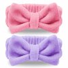 Denfany Fashion Headbands | Spa Headband - 2 Pack Bow Hairband For Face Wash Spa Headband With Bow Knotted Hairband For Spa Yoga Sports Soft Coral Women Girl Fleece Headbands (Red + Purple)