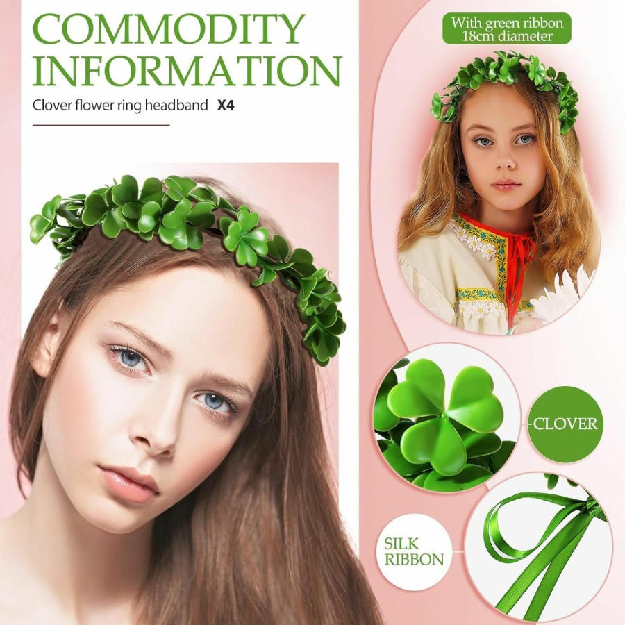 Waydress Fashion Headbands | Waydress 4 Pcs St. Patrick'S Day Irish Shamrock Headbands 7'' Green Flower Crown With Ribbon Adjustable Flower Headband St. Patrick'S Day Accessories Fairy Green Clover Garland For Women Girls