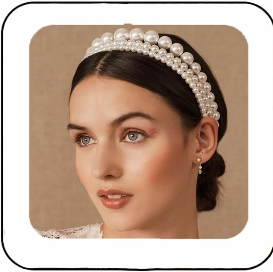 BARTOSI Fashion Headbands | Bartosi Pearls Headbands Women White Vintage Large Pearl Tiara Crown Hairbands Bride Wedding Hair Hoop Hair Accessories For Girls (3 Pcs)