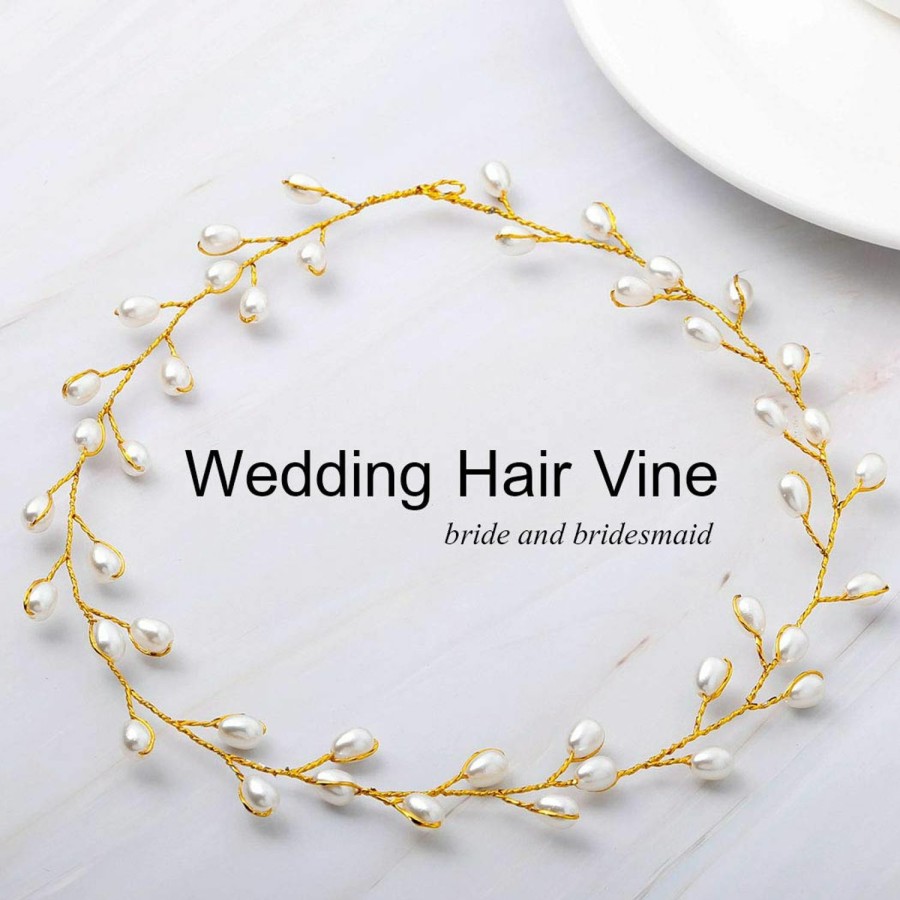 Catery Fashion Headbands | Catery Bride Wedding Headband Pearl Hair Vine Bridal Headpiece Hair Accessories For Women And Girls (Gold)