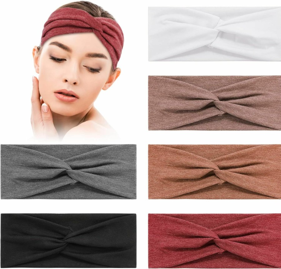 HAUKL Fashion Headbands | Headbands For Women 6Pcs, Cotton Like Wide Headbands For Women'S Hair With Knot, Non Slip Twisted Cross Elastic Absorbent Workout Headband Sport Yoga Running Hair Headbands