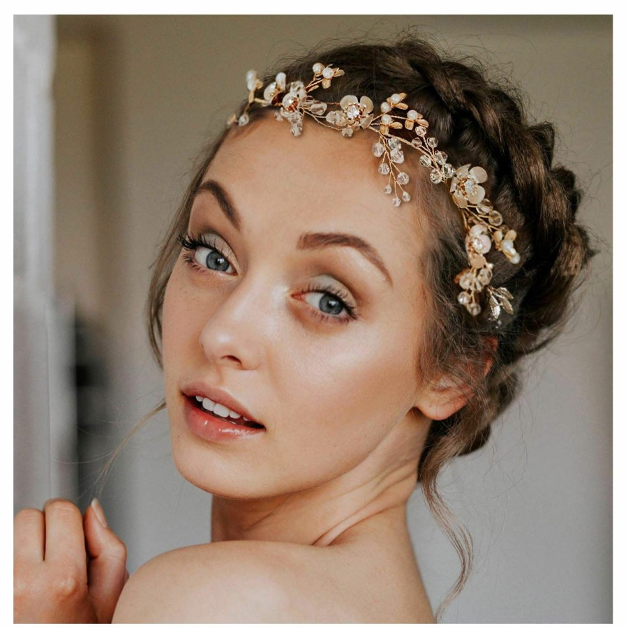 SWEETV Fashion Headbands | Sweetv Rose Gold Wedding Headband For Bride, Floral Bridal Headband Rhinestone Headpiece Wedding Hair Accessories