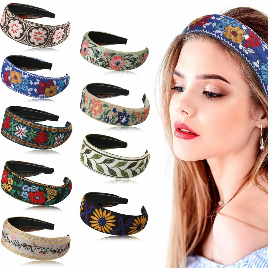 Geosar Fashion Headbands | 9 Pack Boho Headband Embroidery Headband For Women Bohemia Handmade Wide Headbands Vintage Ethnic Style Hair Bands Hair Turban Floral Embroidered Headband For Girls Hair Accessories, 9 Styles