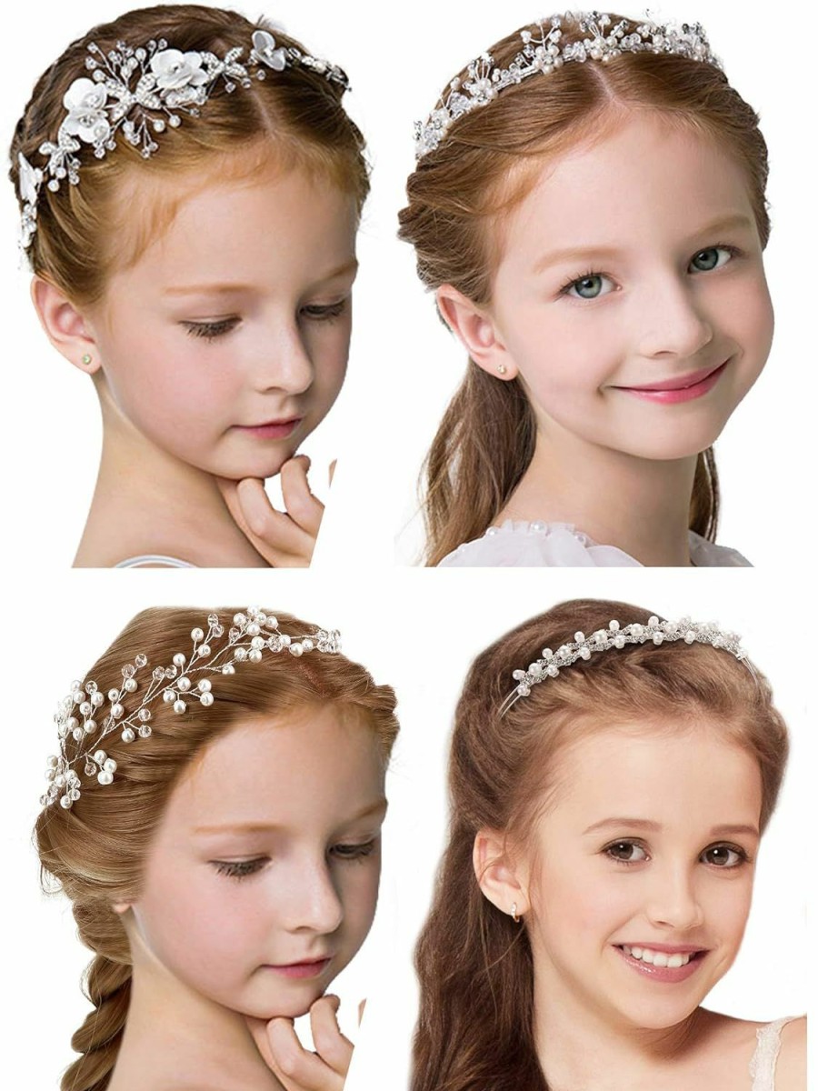 WILLBOND Fashion Headbands | Willbond 4 Pcs Flower Girl Headpiece For Wedding Princess Wedding Headband Girl Pearls Hair Piece For Girl Hair Accessory Wedding Party First Communion Veil