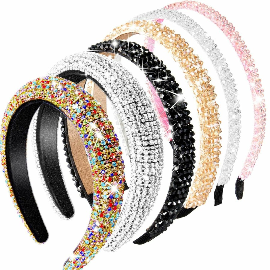 Syhood Fashion Headbands | 6 Pieces Padded Rhinestone Headband 4 Rows Crystal Diamond Velvet Hair Band Glitter Double Rows Beaded Hair Hoops Hair Accessories For Women Girls