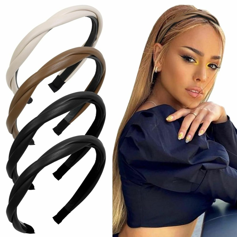 WOVOWOVO Fashion Headbands | Wovowovo Thin Leather Headbands For Women, 4 Pcs Twisted Thin Head Bands With Teeth Boho Non Slip Headband, Fashion Black White Hairbands Braided Hair Hoops Girls Hair Accessories