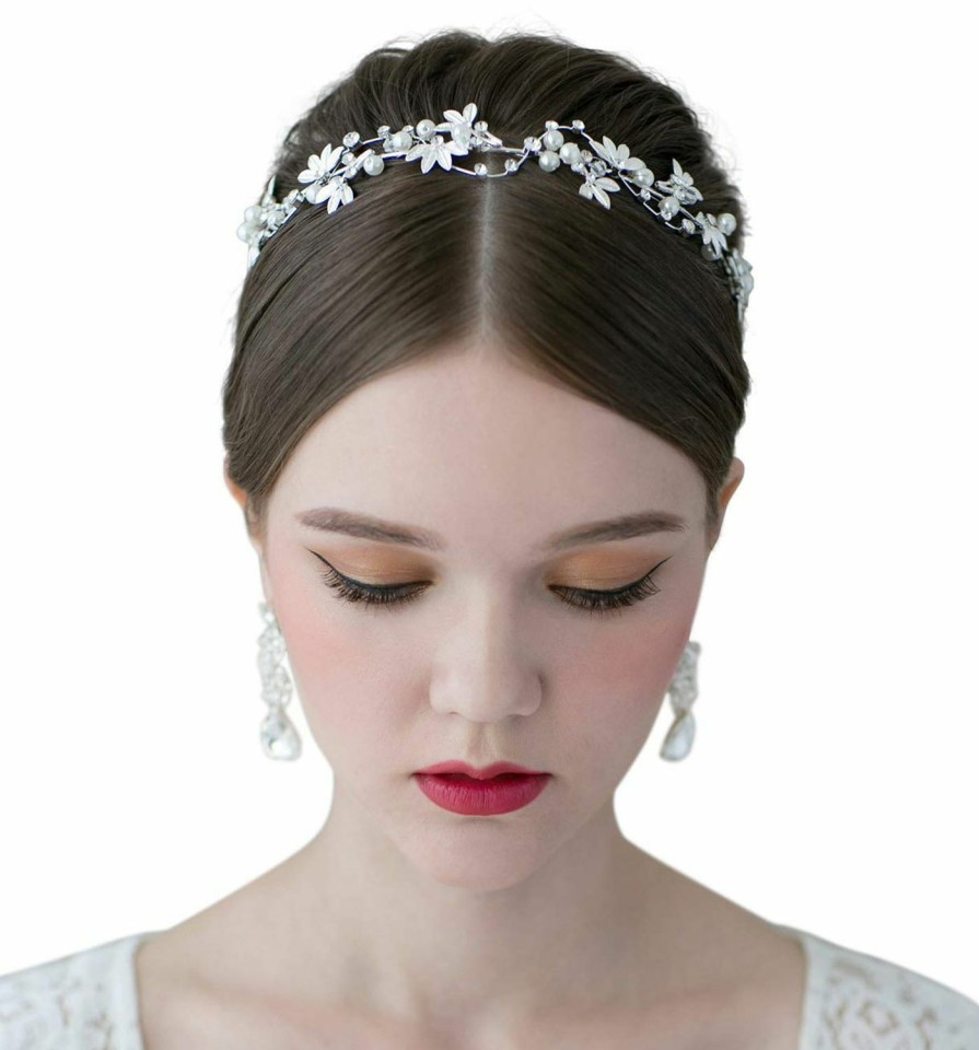 SWEETV Fashion Headbands | Sweetv Bridal Pearl Headband Silver-Leaf Crystal Bridal Headpiece Wedding Hair Accessories Jewelry Tiara For Women, Diameter: 14.5 Cm