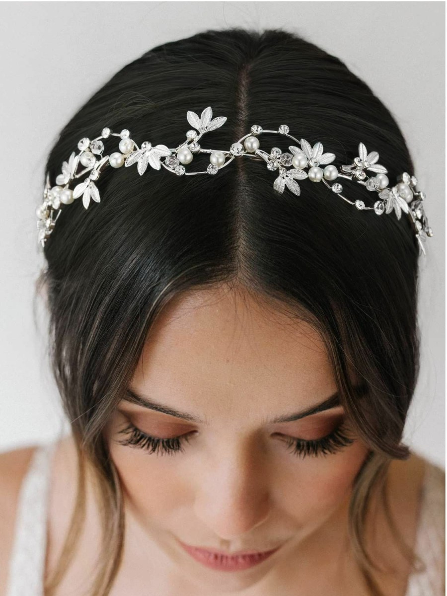 SWEETV Fashion Headbands | Sweetv Bridal Pearl Headband Silver-Leaf Crystal Bridal Headpiece Wedding Hair Accessories Jewelry Tiara For Women, Diameter: 14.5 Cm