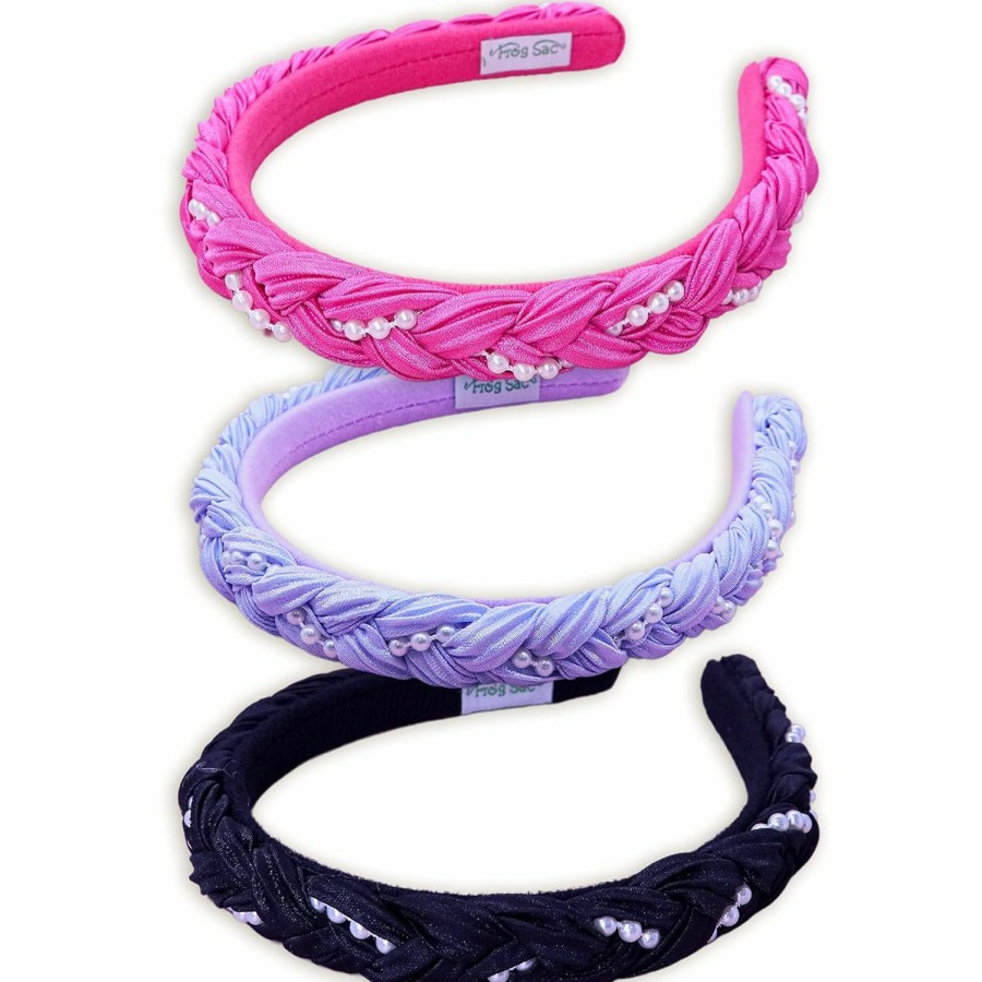 FROG SAC Fashion Headbands | Frog Sac 3 Pearl Headbands For Girls, Satin Braided Head Bands For Kids, Cute Fashion Girl Braid Hair Accessories, Hard Headband Pack For Children, Black Purple Pink Hairbands With Pearls