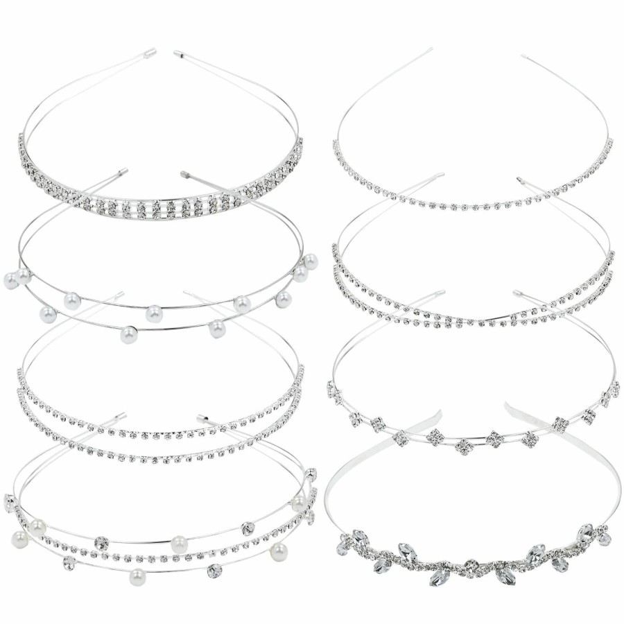 Lawie Fashion Headbands | Lawie 8 Pack Sparkly Rhinestone Pearl Silver Metal Headbands,Double Slim Skinny Wire Hair Bands,Decorative Cross Hair Bands Accessories,Crown Tiara Hair Holder Fancy Hairbands For Women Girls