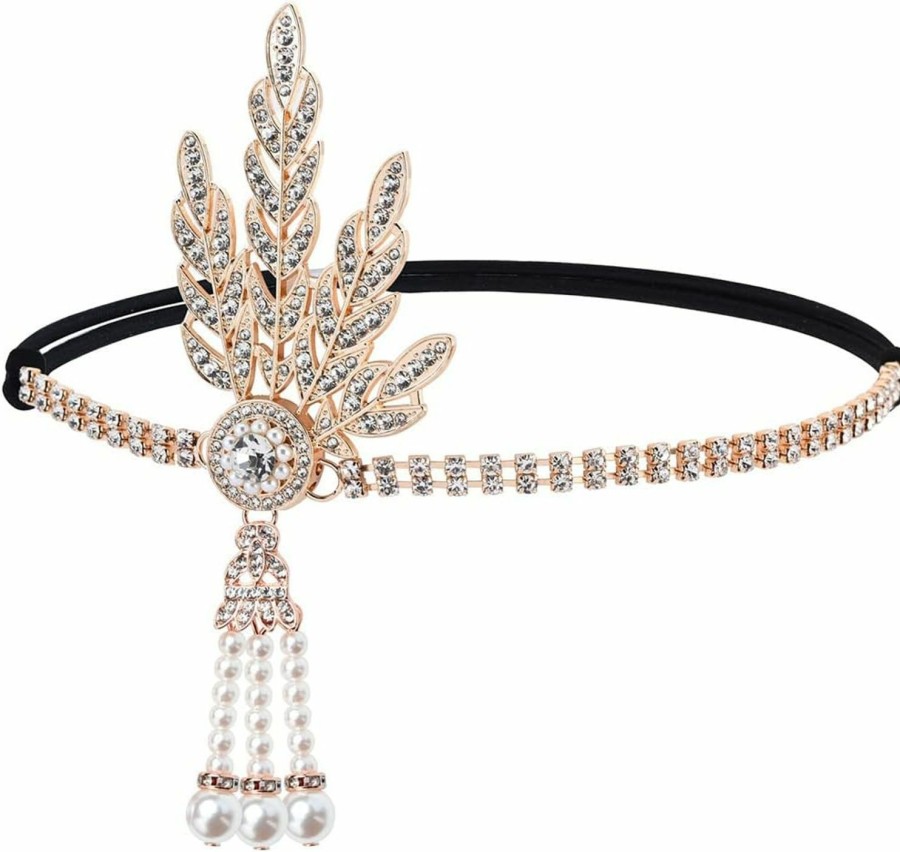 GORTIN Fashion Headbands | Gortin 1920'S Flapper Headband Leaf Rhinestone Gatsby Headpiece Pearl Headdress Bridal Hair Accessories Head Chain For Women