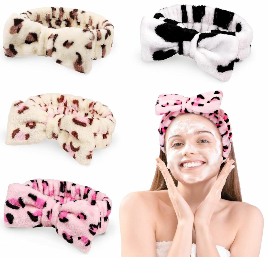 JOUXKOT Fashion Headbands | Jouxkot 4 Pack Spa Headband, Makeup Headband Skincare Headbands Bow Hair Band For Washing Face Facial Yoga Shower, Soft Coral Fleece Head Band Wraps For Women And Girls