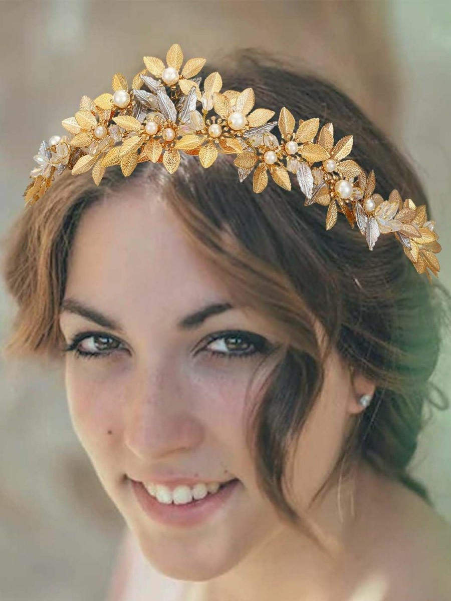 Yean Fashion Headbands | Yean Gold Leaf Wedding Headband Pearl Tiara Hair Band Rhinestone Bridal Hair Accessories For Women And Girls