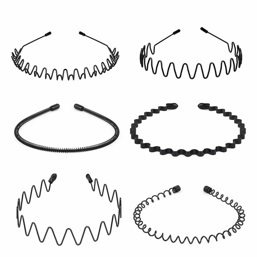 nomakk Fashion Headbands | 6 Pieces Metal Headbands Wavy Hairband Spring Hair Hoop Sports Fashion Hair Bands Uni Black Elastic Non Slip Simple Headwear Accessories