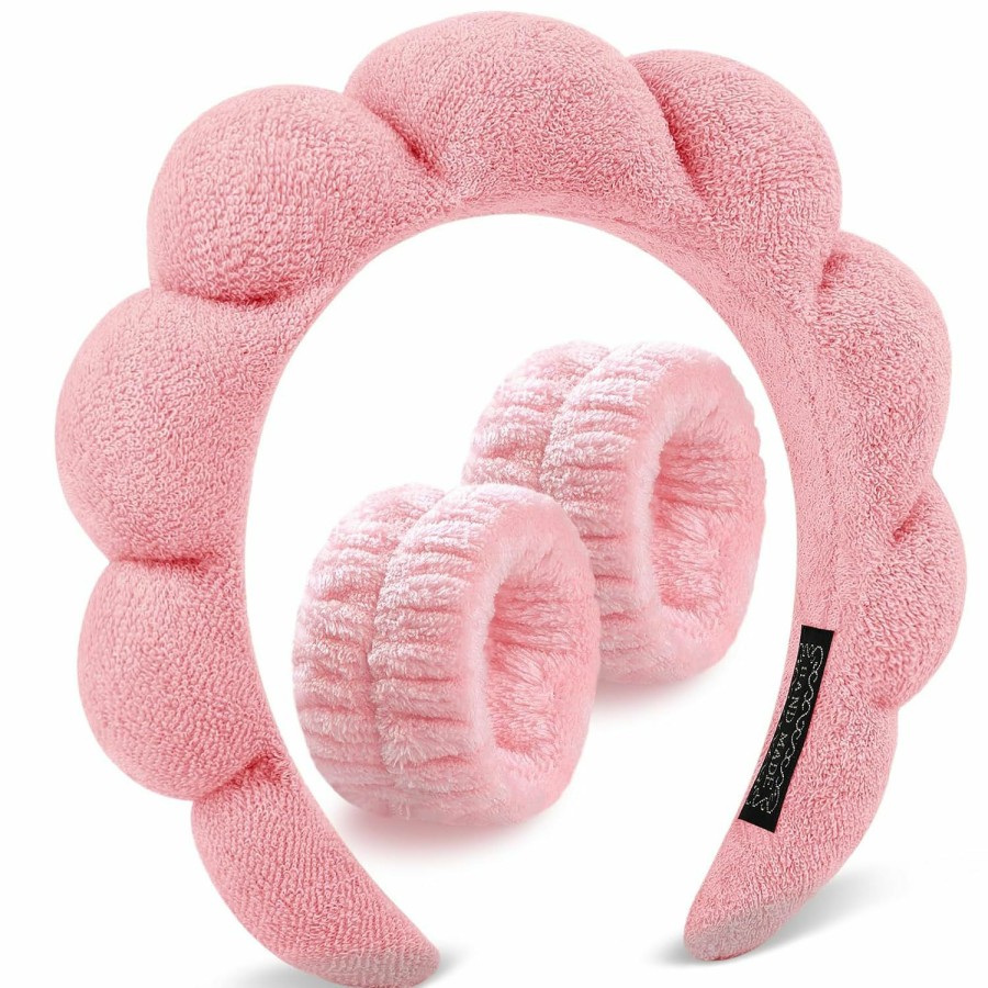 DOMMARE Fashion Headbands | Dommare Spa Headband For Washing Face Wristband Set, Skincare Makeup Headbands For Women, Bubble Make Up Headbands Teen Girl Gifts, Terry Cloth Puffy Hairband Get Ready Hair Accessory(Pink)