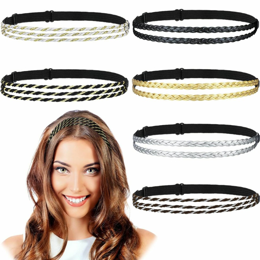 Jutom Fashion Headbands | 6 Pieces Elastic Braided Headbands No Slip Adjustable Headbands Stretchy Headbands For Women Strand Headband Plaited Hair Band Hippie Hair Accessory For Girl (Double Triple Strand, Mixed Material)