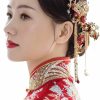 Oligage Fashion Headbands | Oligage Women Gold Butterfly Hair Comb Traditional Chinese Wedding Headdress Accessories Red Pearl Stick Head Jewelry Bridal Headpiece