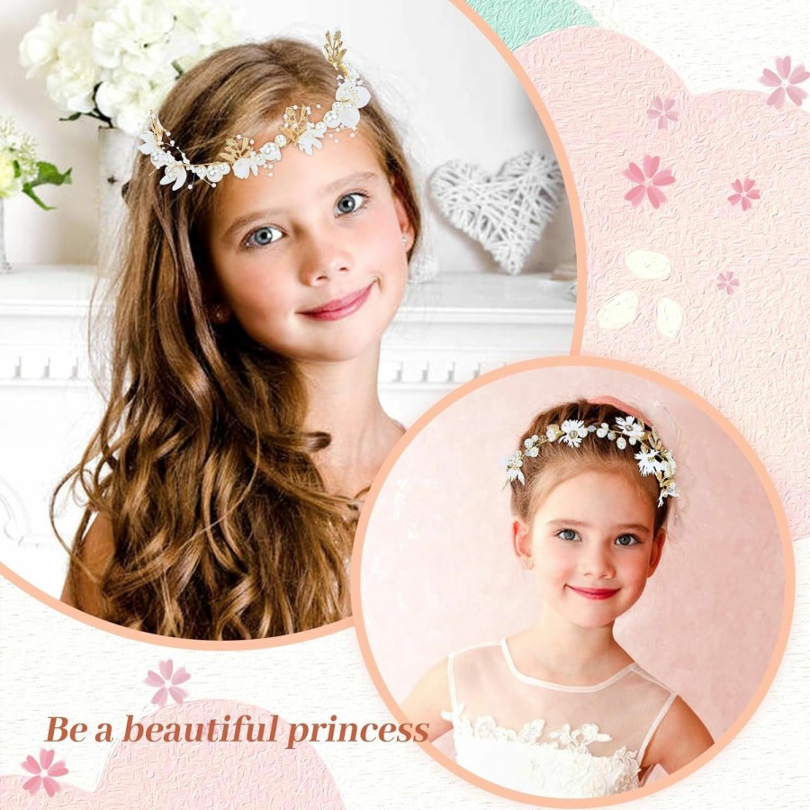 inSowni Fashion Headbands | Insowni 3Pcs Flower Girl Headbands Pearl Rhinestone Leaf Flower Wedding Bridal Crowns Tiaras Wreaths With Ribbon Vines Headpieces Hair Vine Accessories For Women Girls Teens Kids