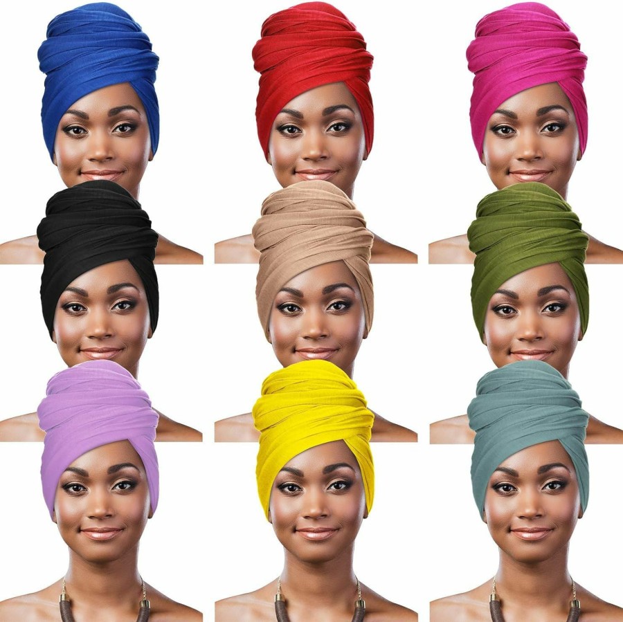 Syhood Fashion Headbands | 9 Pieces Stretch Head Wraps In 9 Colors Scarf Women African Turban Long Hair Scarf Soft Hair Band For Women Tie Head Scarves