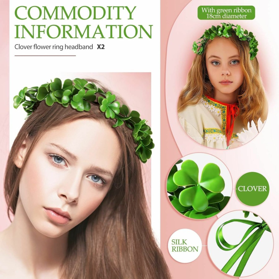 Waydress Fashion Headbands | 2 Pieces St. Patrick'S Day Irish Shamrock Headbands Flower Crown Clover Headband St. Patrick'S Day Accessories Green Garland Clover Garland Party Accessories Fairy Accessories For Women Men And Girls