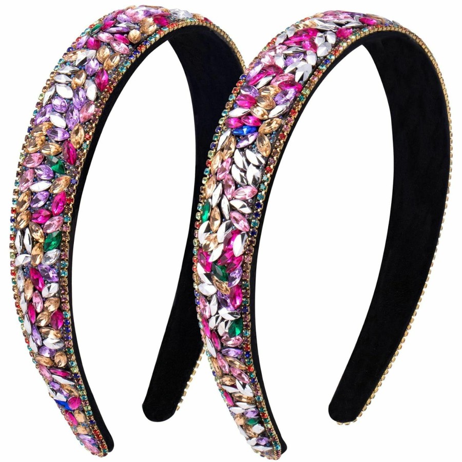 Nuorest Fashion Headbands | Nuorest 2Pcs Colorful Rhinestone Headband For Women, 1Inch Wide Vintage Girls' Headbands, Fashion Crystal Headband, Jeweled Headbands, Diamond Padded Hair Accessories For Parties, Festivals