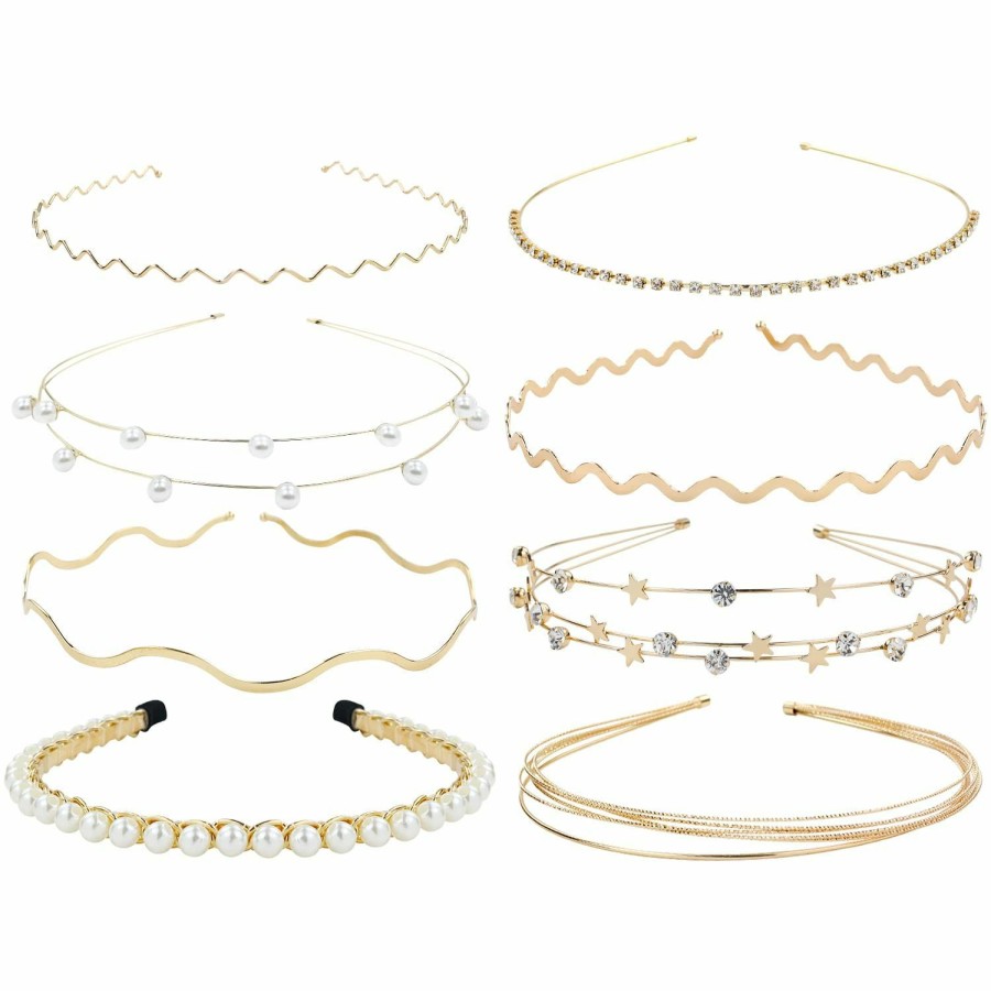 Lawie Fashion Headbands | Lawie 8 Pack Skinny Rhinestone Pearl Sparkly Delicate Gold Metal Headbands Fancy Glitter Hair Bands Clasps Slim Thin Hard Hair Bands Hair Hoops Cross Bands Crown Tiara Hair Holder Headpieces For Women