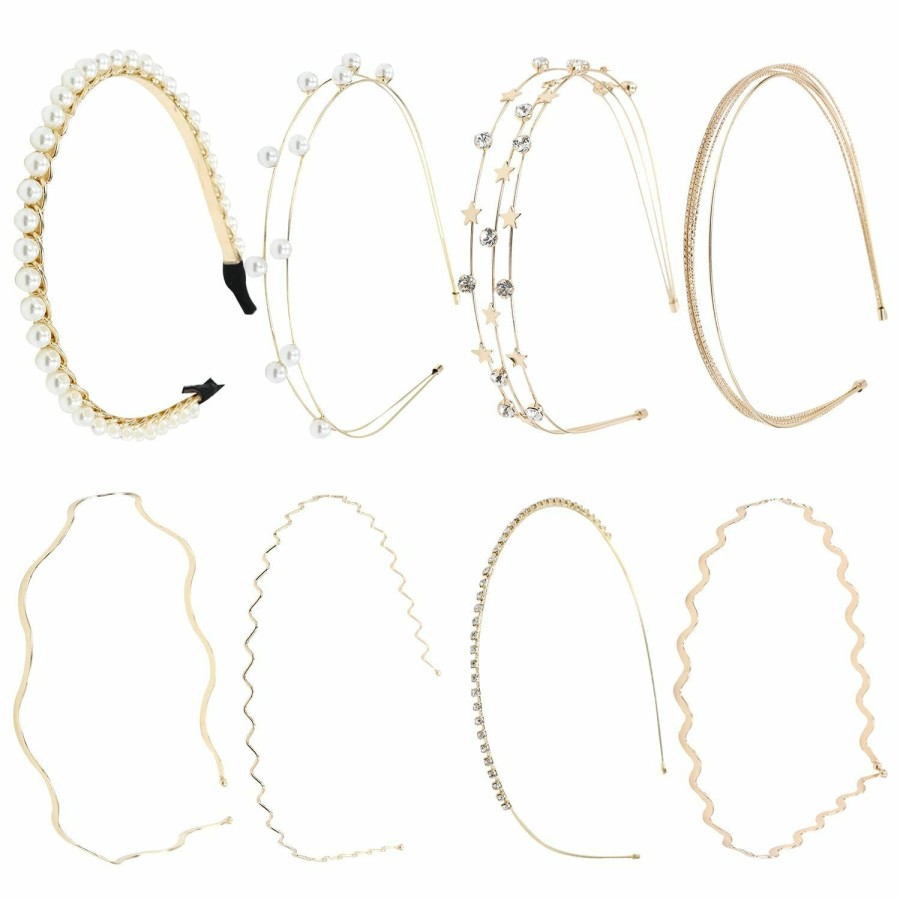 Lawie Fashion Headbands | Lawie 8 Pack Skinny Rhinestone Pearl Sparkly Delicate Gold Metal Headbands Fancy Glitter Hair Bands Clasps Slim Thin Hard Hair Bands Hair Hoops Cross Bands Crown Tiara Hair Holder Headpieces For Women