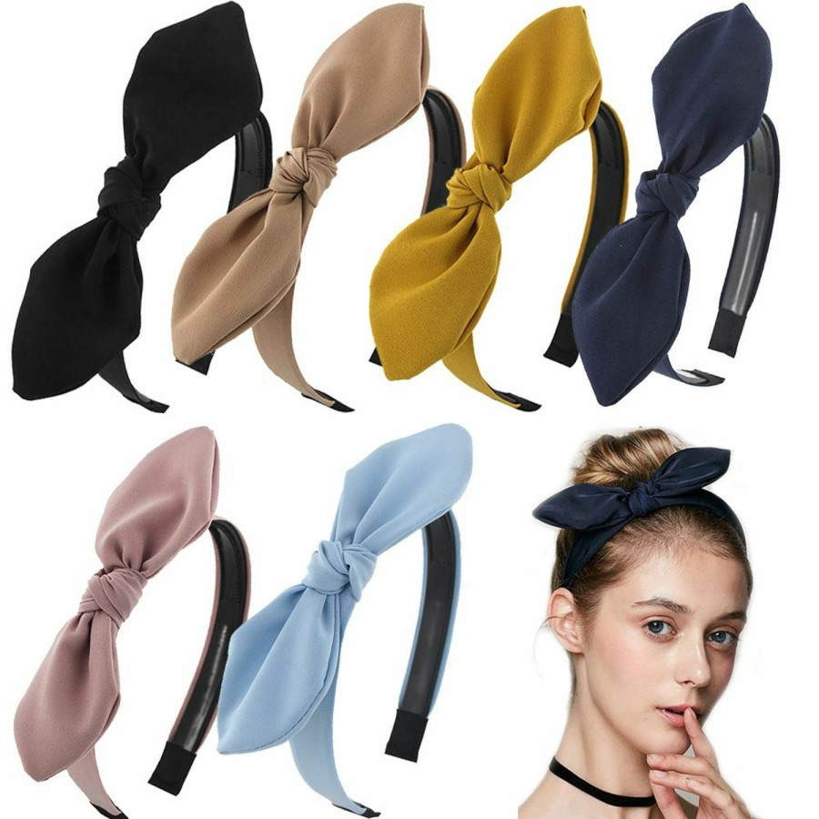 Carede Fashion Headbands | Carede Solid Bow Headbands For Women Twist Knot Headbands Wired Rabbit Ears Plastic Headbands With Teeth Elastic Cloth Bowknot Headwrap Hair Accessory,Pack Of 6