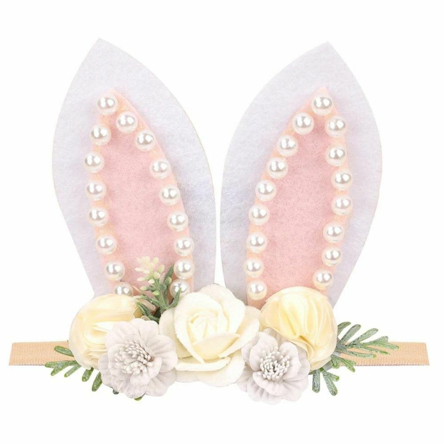 DINPREY Fashion Headbands | Dinprey Baby Easter Bunny Ears Headband Birthday Pearl Flower Crown Spring Bunny Headband Floral Head Piece For Toddler (Pink Flower)