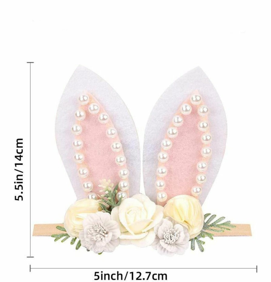 DINPREY Fashion Headbands | Dinprey Baby Easter Bunny Ears Headband Birthday Pearl Flower Crown Spring Bunny Headband Floral Head Piece For Toddler (Pink Flower)