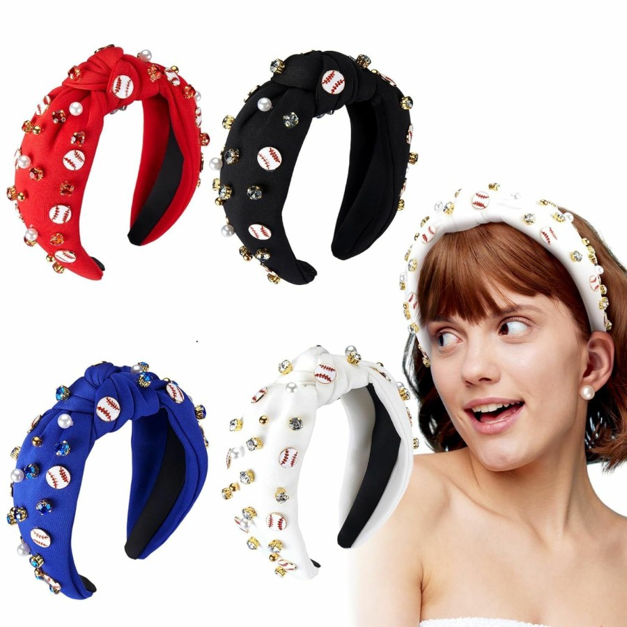 Riceshoot Fashion Headbands | Riceshoot 4 Pcs Baseball Jeweled Knotted Headband For Women Wide Pearl Rhinestone Headband For Women Game Day Baseball Football Headband Crystal Sports Hair Accessories For Mom Women Fans Gift