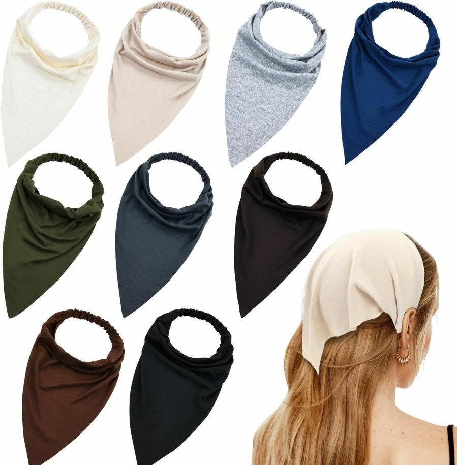 Lawie Fashion Headbands | Lawie 9 Pack Solid Large Cotton Triangle Head Scarf Elastic Hair Bandana Headbands Plain Silk Head Coverings Neck Scarves Wraps Blank Headscarf Kerchief Bulk For Women