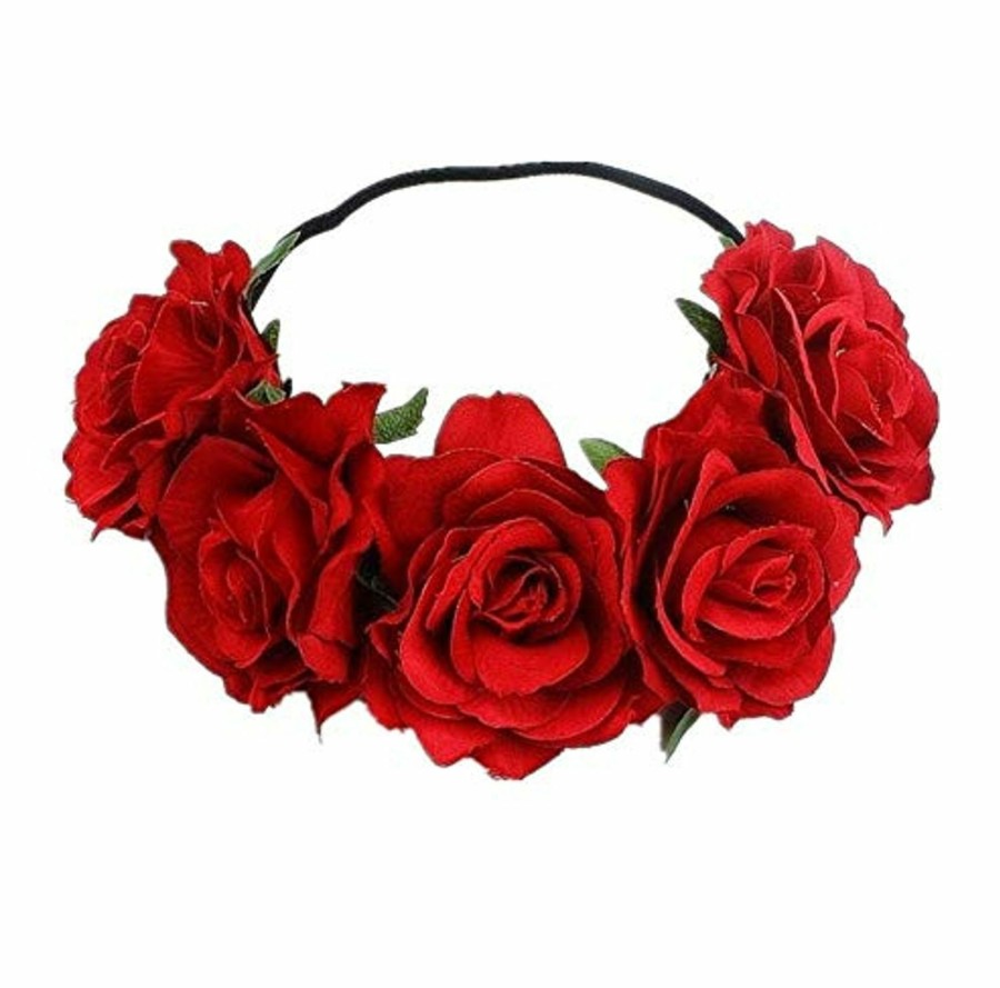 Amazon Fashion Headbands | Dnhcll Rose Flower Crown Fake Flower Crowns Headbands For Women Girl Rose Floral Head Piece Hair Crown Pet Headband Flower Wreath (Red)